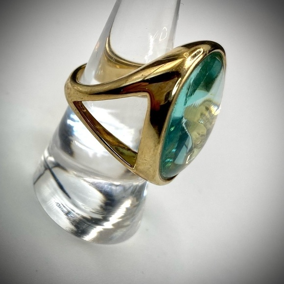 MONET signed RARE Blue Topaz Faceted Glass Gold Plated Statement Ring size 7 - Picture 11 of 15